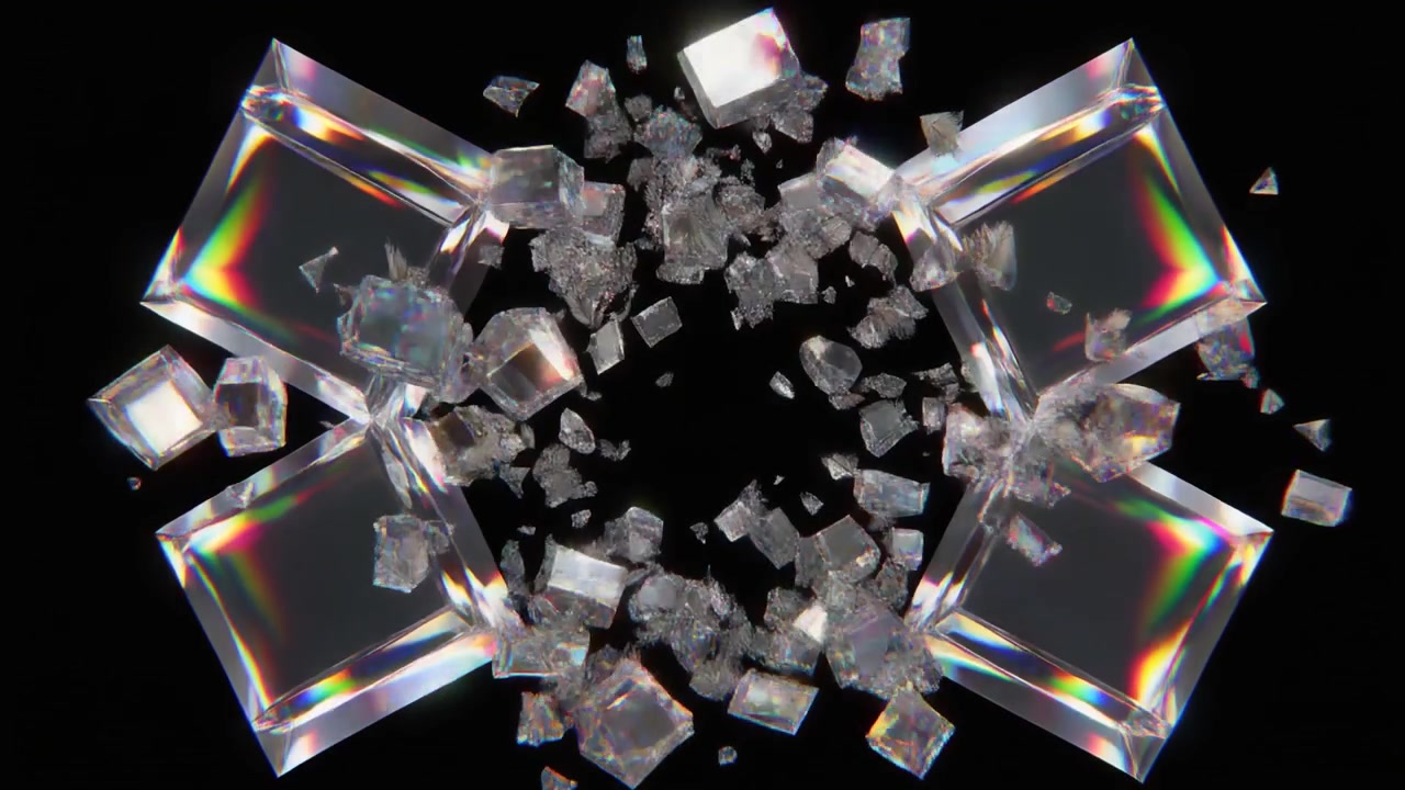 Animazione astratta di cubi di cristallo che esplodono su sfondo nero
