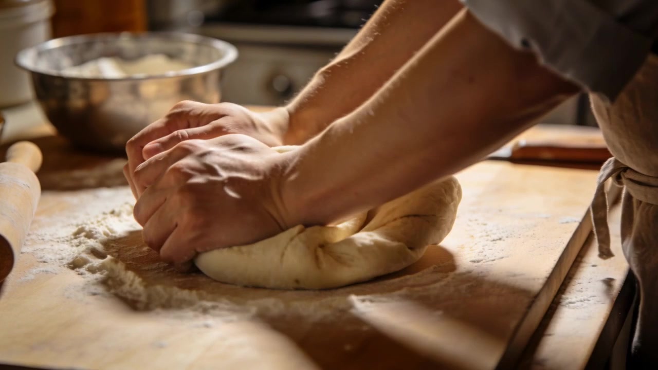 Kneading prompted by dough on floured board at home, baker hands folding and pressing, bowl, apron