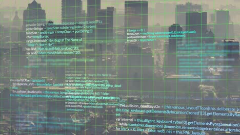 animación de lenguaje informático y patrón de cuadrícula sobre vista aérea de la ciudad moderna contra el cielo