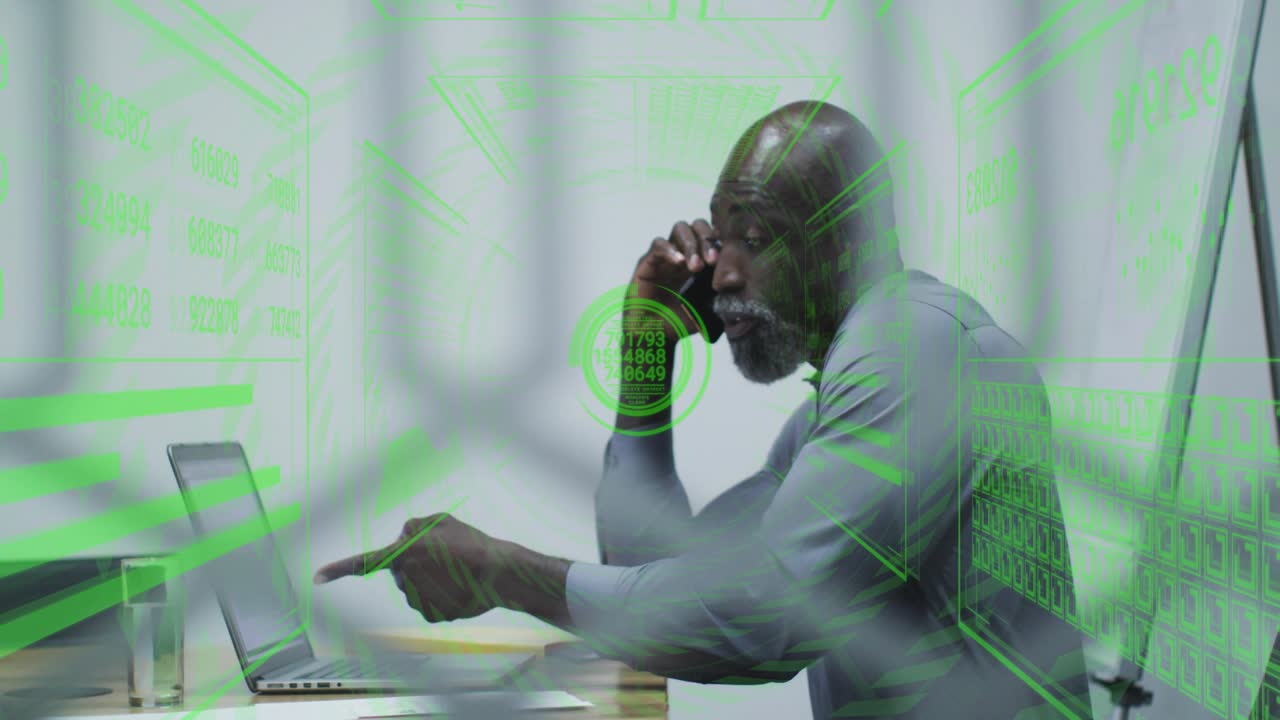 Male tech pro picking up smartphone, projecting green data streams and typing commands for analysis