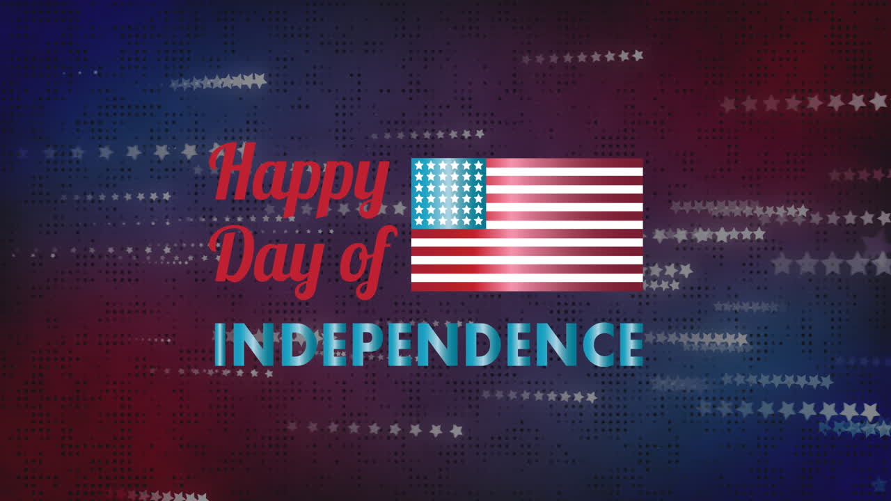 Animation of happy day of independence text over stars on red and blue background