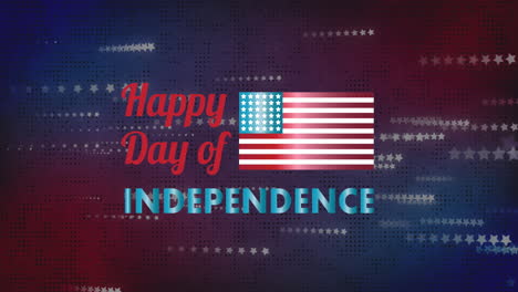 animation of happy day of independence text over stars on red and blue background