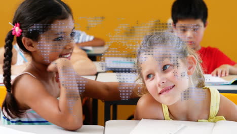 in school, children smiling with world map animation overlay in classroom