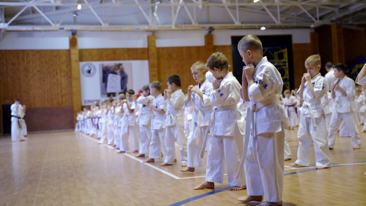 Little boys in white kimonos and belts stand in rows and make leg kicks. Young trainees repeating moves after their coaches.