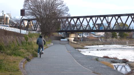 a cyclist rides across a bridge in a park