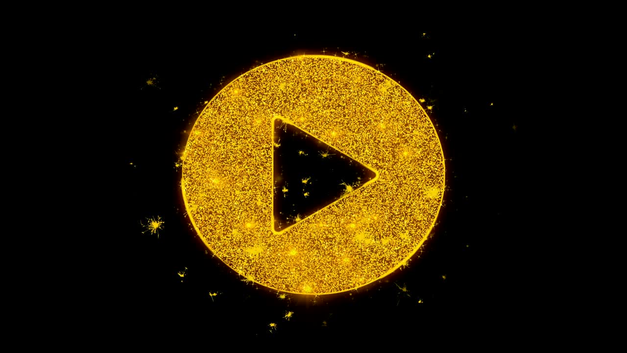 Play Video Icon Sparks Particles on Black Background.