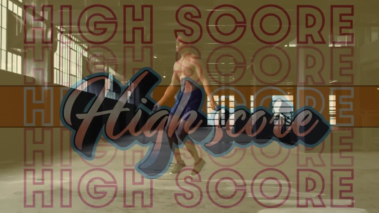 아프리카계 미국인 남자가 로프를 뛰어넘는 것에 대한 높은 점수 텍스트의 디지털 복합 비디오