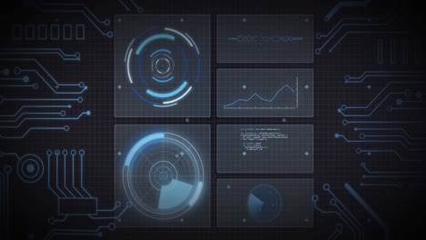 animation of scope scanning, processor elements and data processing on screens over grid