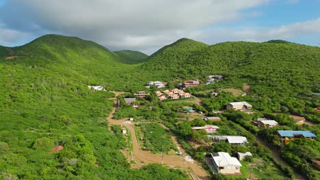 homes sprawl up into valley of westpunt in curacao on tropical sunny day, aerial