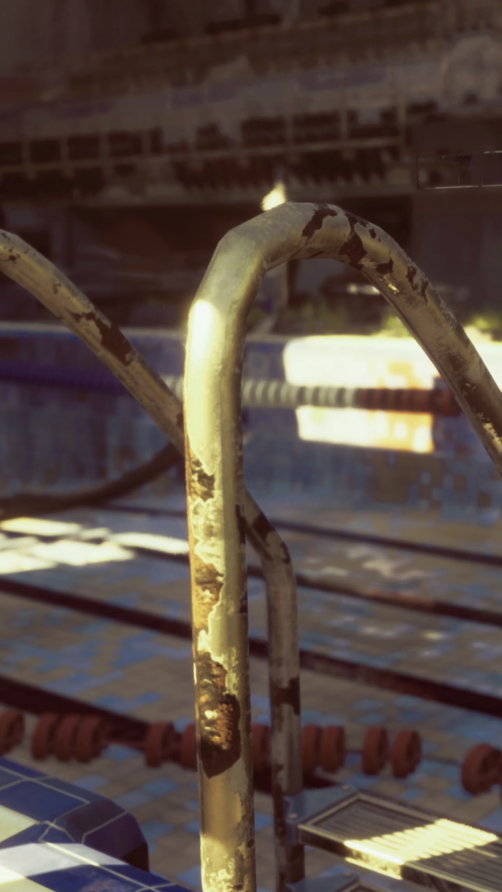 Rusty rail stands beside forgotten tracks in a sunlit moment of decay