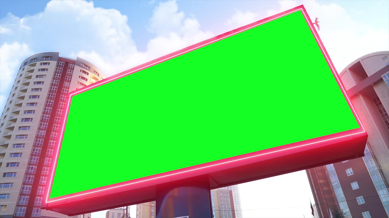 도시, 도시 생활에 대한 녹색 스크린 광고판, 빈 광고 패널, 마케팅을 위한 배너, 크로마 키 빈 표지판.