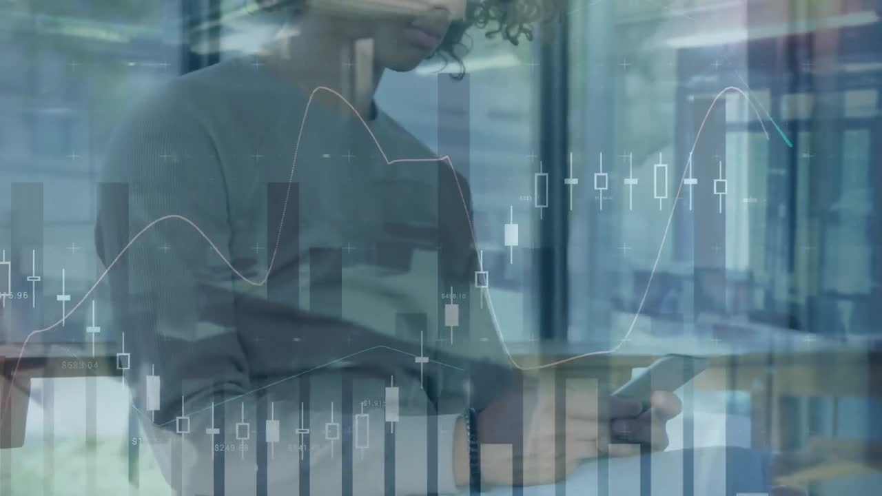 animación de estadísticas y procesamiento de datos financieros sobre el hombre utilizando teléfonos inteligentes