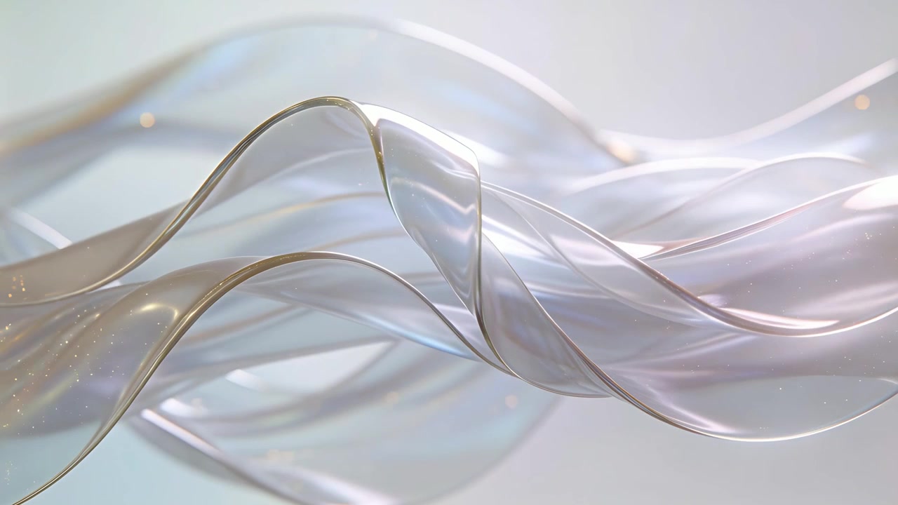Shifting light causing translucent ribbons flowing in studio backdrop, revealing iridescent flecks