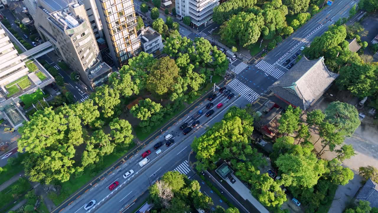 Drone shot of cars lined up in Tokyo streets