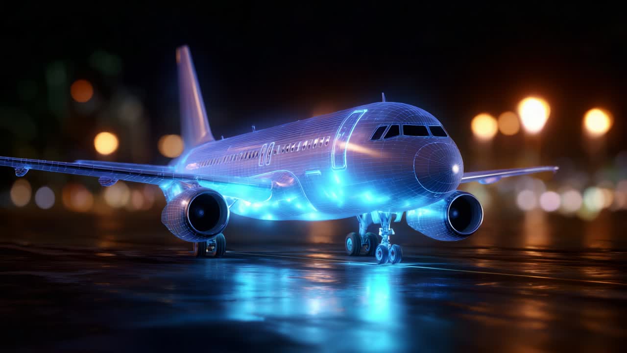 Stunning Visualization of a Futuristic Airplane: A High-Tech Aircraft Illuminated by Neon Blue Lights, Set Against a Blurred Cityscape Background, Capturing the Essence of Modern Aviation Design and Innovation