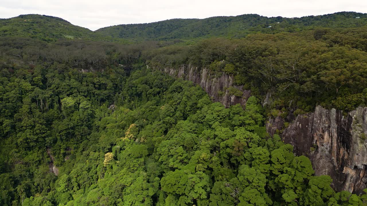 de derecha a izquierda aérea sobre twin falls walk, parque nacional springbrook, el interior de la costa de oro, queensland, australia