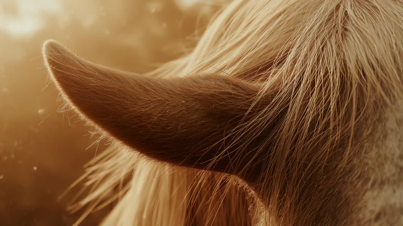 Light breeze causing horse ear and mane swaying in pasture at golden hour, with floating dust