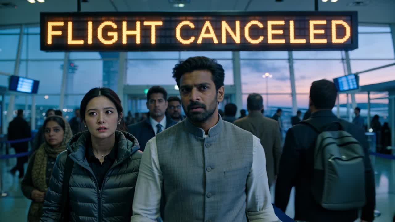 Reacting to FLIGHT CANCELED sign, two travelers checking screens while walking gate kurta puffer