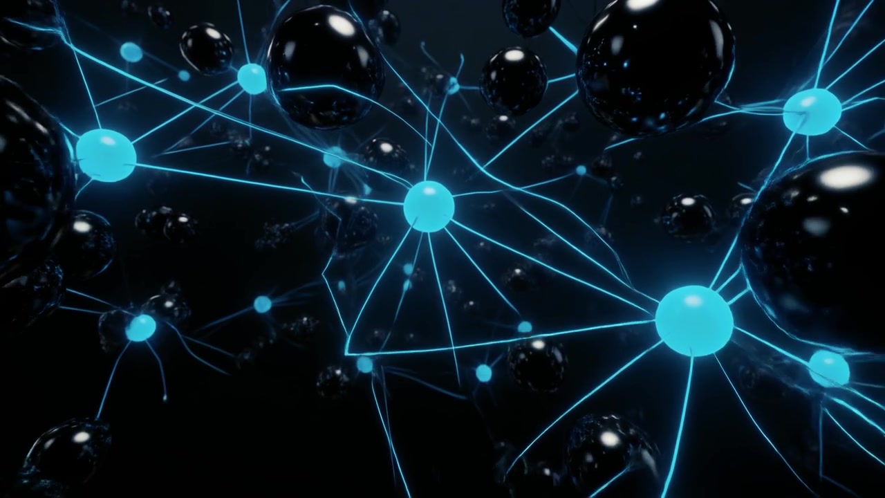 Abstract 3D Animation of Glowing Blue Network Nodes and Black Spheres