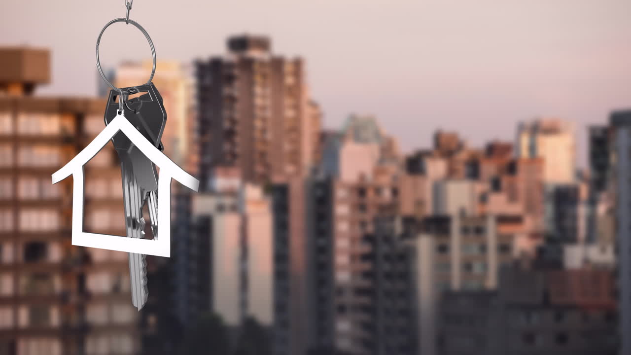 Animation of silver house key and jey fob over cityscape