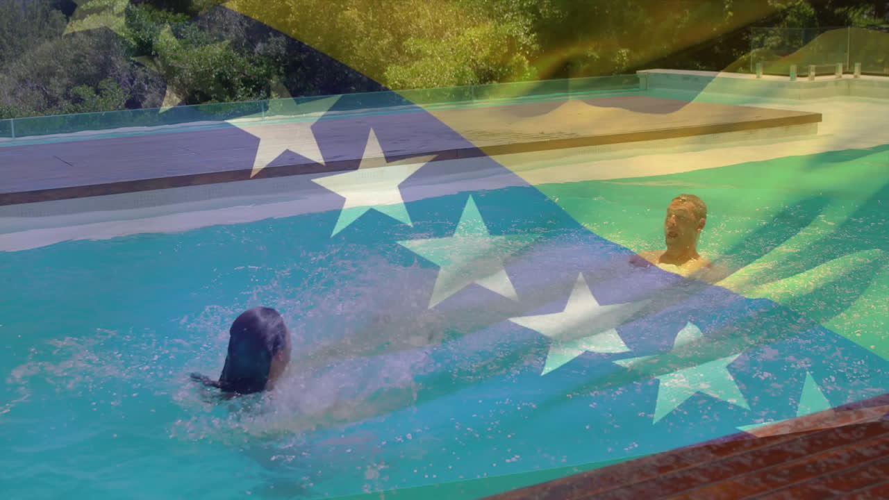 Swimming in pool, two people with Solomon Islands flag animation overlay