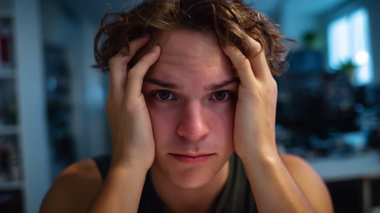 A Young Man Expressing Distress and Overwhelm: Capturing the Emotional Struggle Faced in Moments of Intense Pressure and Anxiety