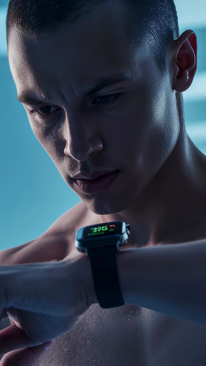Vertical video: Checking shirtless man reading black watch after exertion in blue studio, 390s