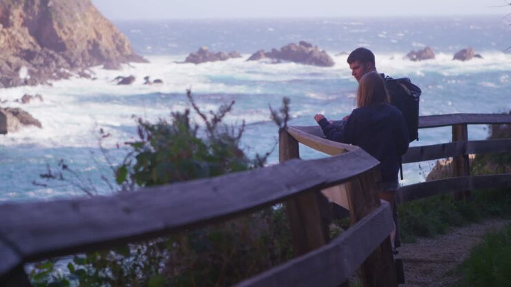 A couple look down at the ocean from a path along a sea cliff