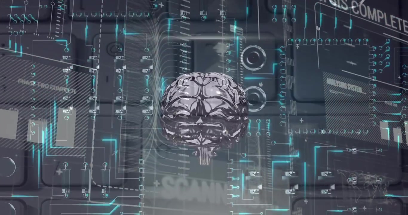 Animation of human brain and data processing over black background