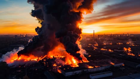 a large plume of black smoke billows out from a factory at sunset