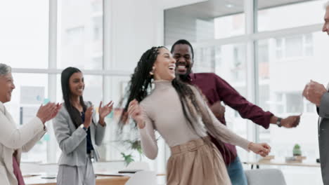 dance, party and office celebration with work
