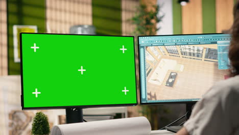 a woman working on a computer with a green screen and 3d interior design