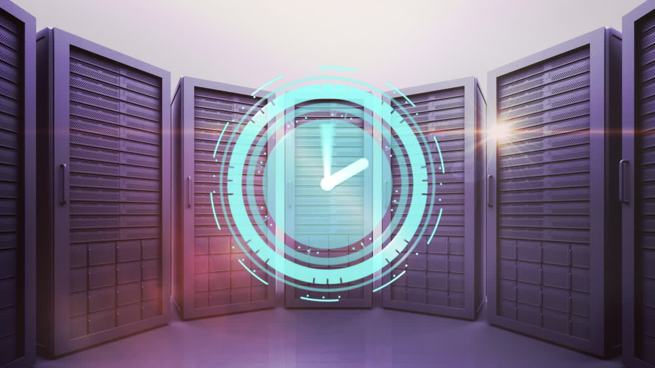 animación del reloj moviéndose rápidamente sobre los servidores de la computadora
