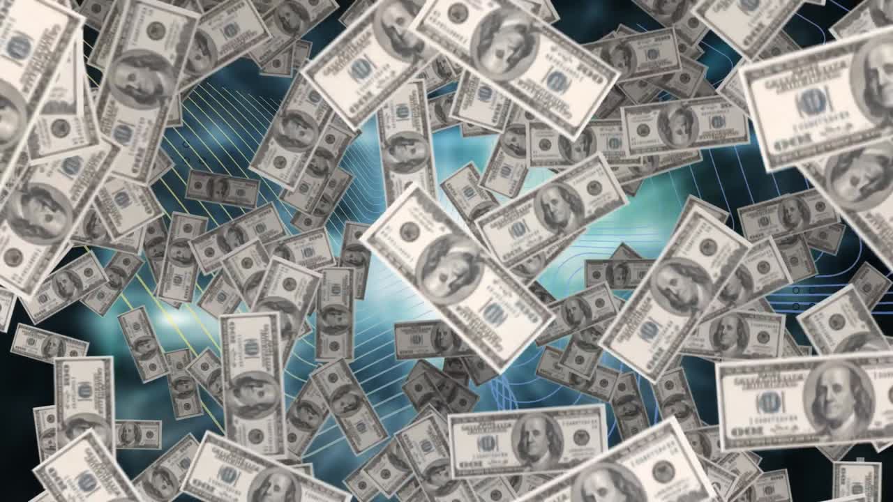 animación de dólares flotando sobre un fondo oscuro