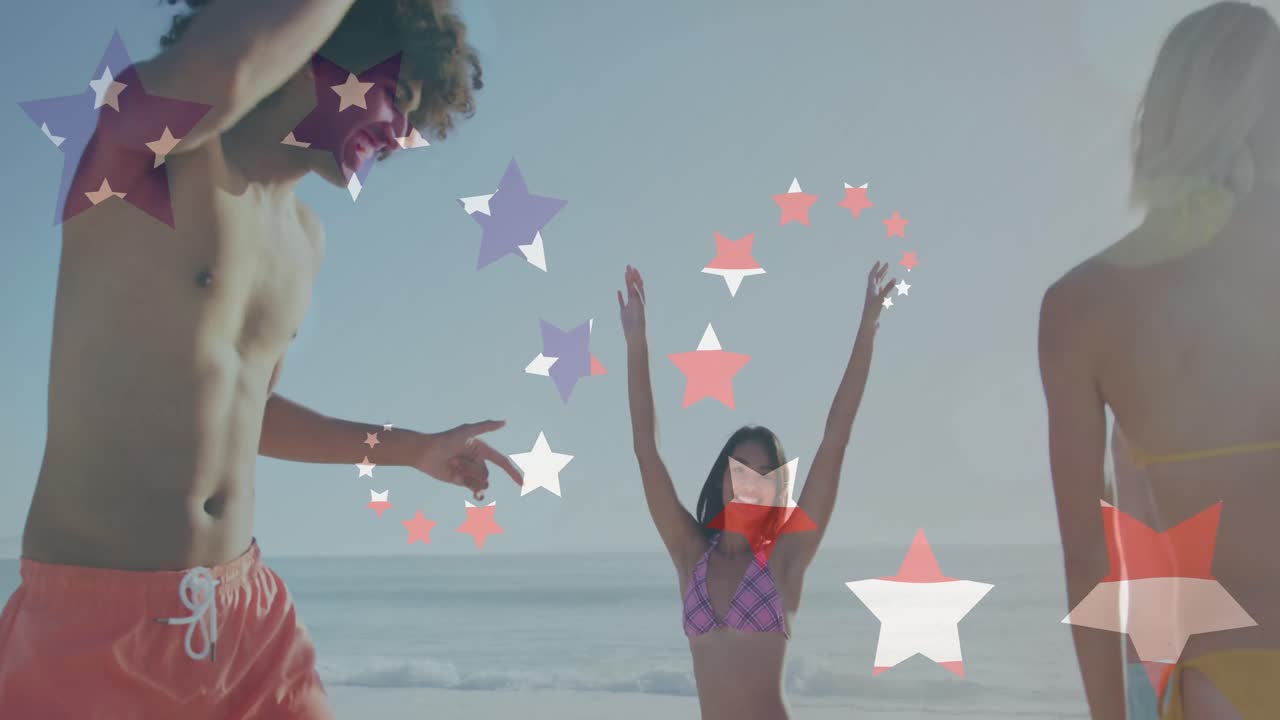 해변에서 춤추는 다양한 친구 그룹 위에 미국  ⁇ 발의 애니메이션