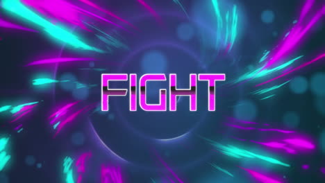 animación de banner de texto de lucha y ondas digitales contra manchas azules y formas circulares giratorias