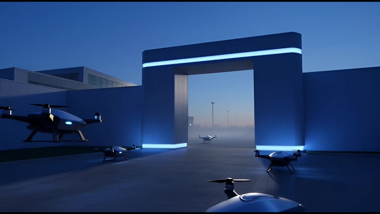 Futuristiske droner letter fra moderne anlæg om natten