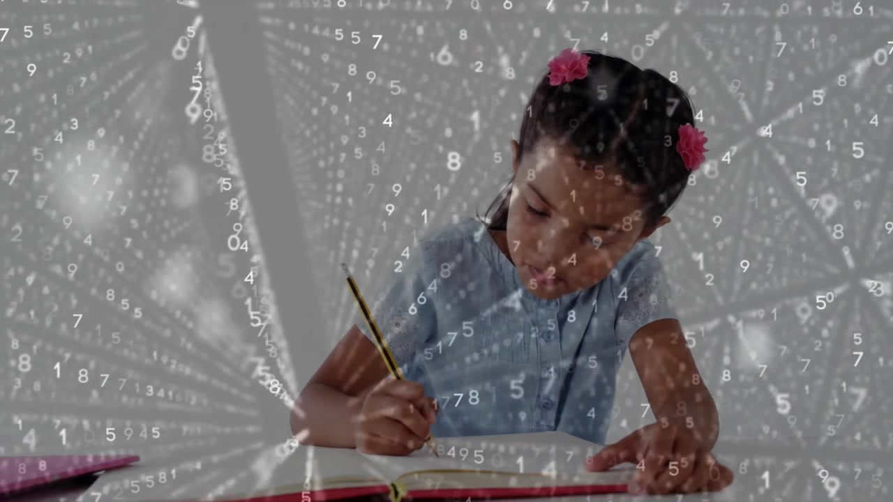 Student picking up pencil solving math problems, pausing to tuck hair clip under numeric overlay