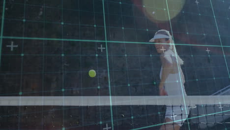 female tennis player hitting volley on outdoor court, showing digital grid technology overlay
