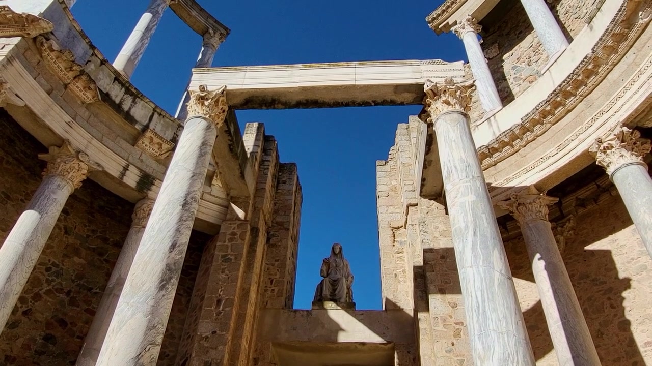 Roman Theatre of Mérida. Panoramic view of the roman columns, statues and friezes. Panoramic view of the Roman theatre stage. Emerita augusta. Spain. Roman Empire Architecture.