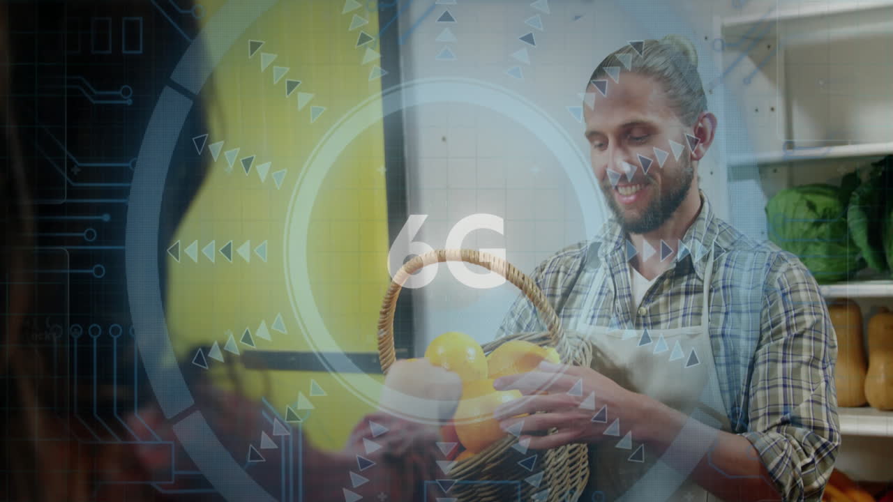 Smiling man holding basket of fruits with 6G technology animation overlay