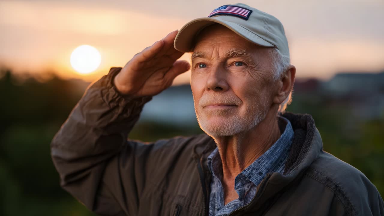 An elderly man dressed in a casual jacket and a cap, saluting while looking towards the sunset, embodying a moment of reflection and respect, capturing the essence of gratitude and tribute in a serene outdoor setting