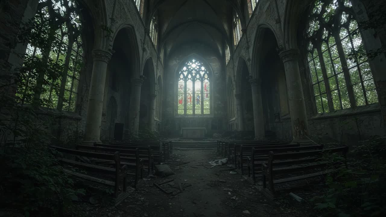 Eerie Beauty of an Abandoned Church: A Haunting Journey Through Overgrown Ruins Captured in Two Distinct Frames with Atmospheric Shadows and Faded Glory