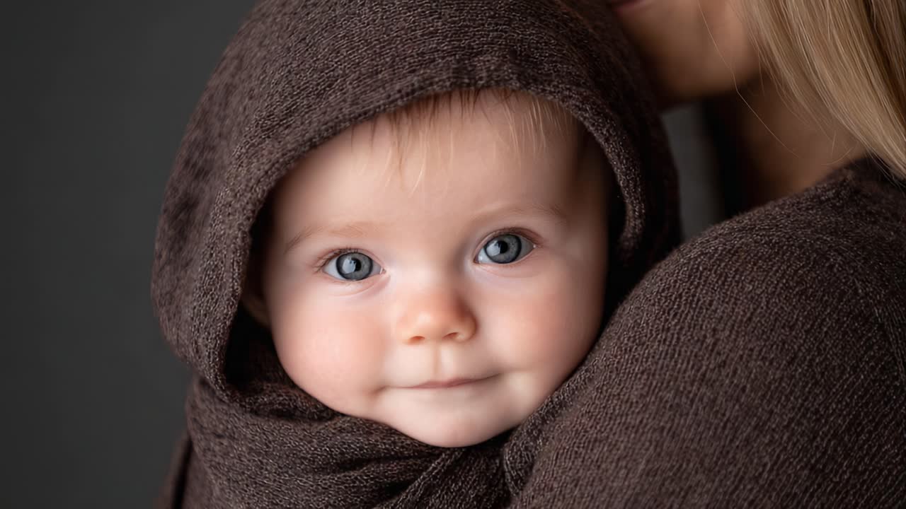 A Cherubic Baby with Sparkling Blue Eyes, Embraced Tenderly by a Parent in Cozy Brown Fabric, Exuding Warmth and Love in a Captivating Portrait