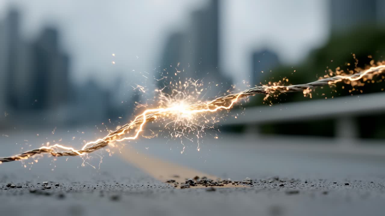 Electric sparks ignite on urban pavement. Sparks fly as electrical energy arcs across the pavement in a bustling city environment during the day.
