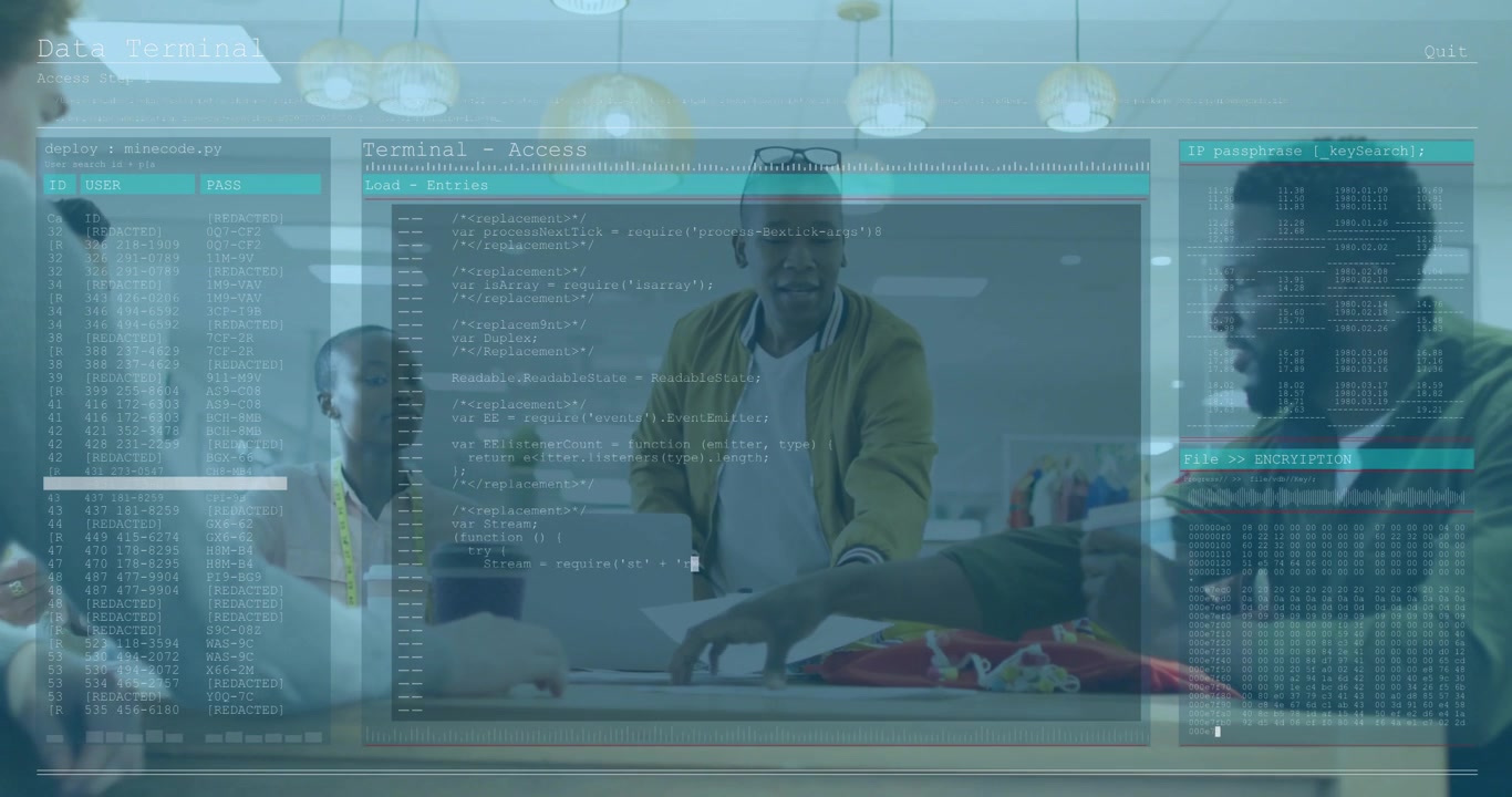 Mustard-jacket man reaching for paper, passing fabric swatches, code overlay guiding fashion review