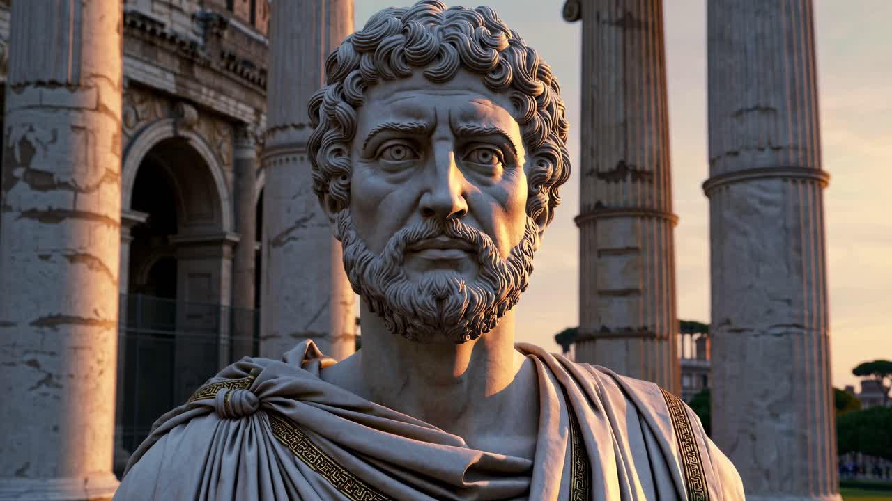 Close-up video angle of a Roman statue against ancient columns, capturing the detailed textures