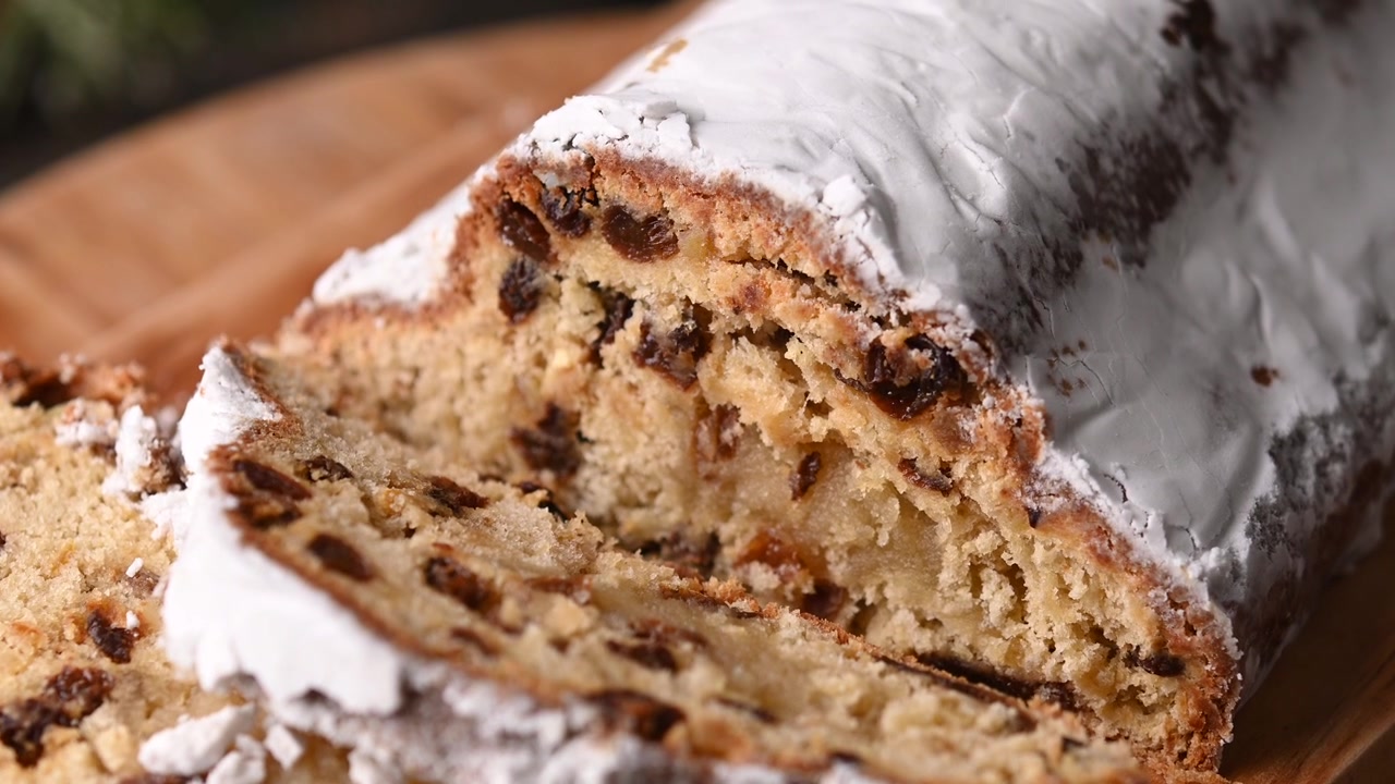 Traditional Christmas Stollen with Raisins and Powdered Sugar