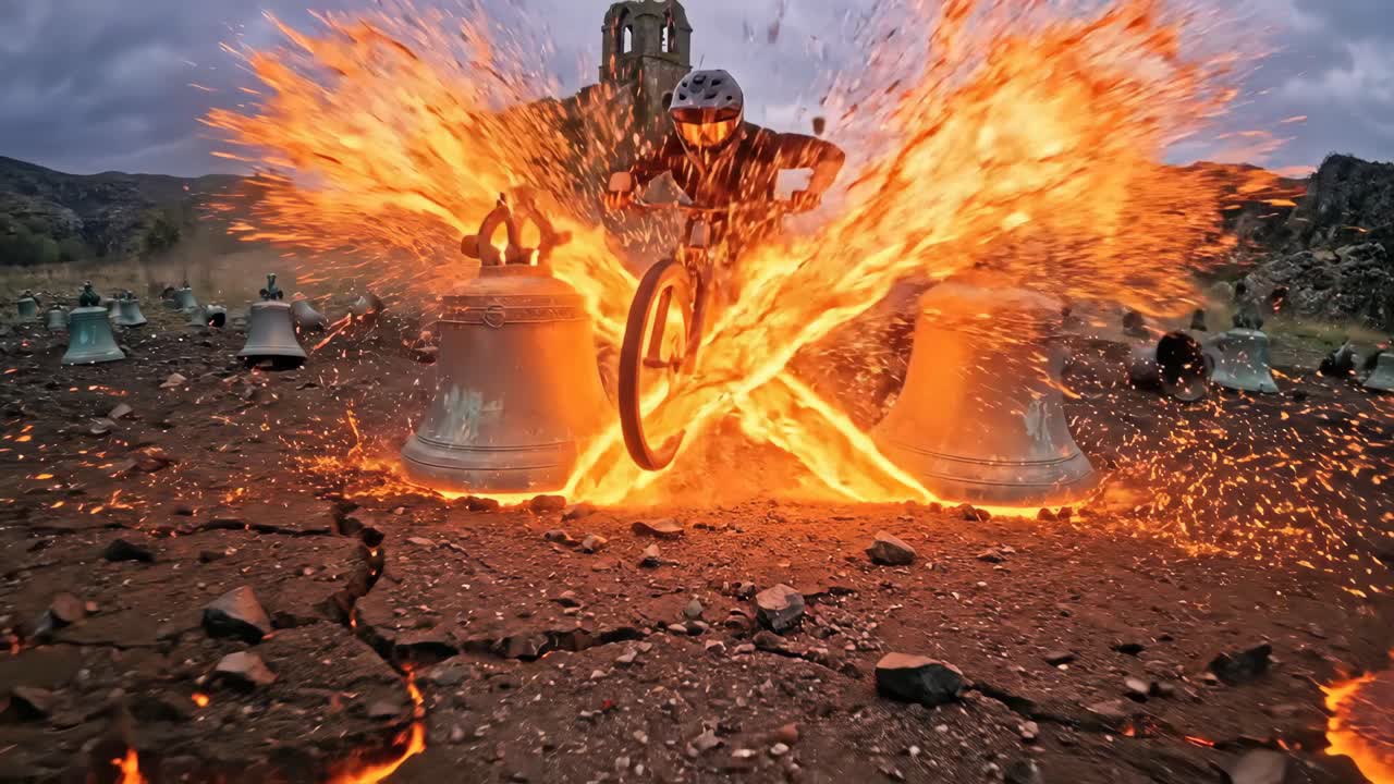 Extrémní horský cyklista projíždí ohnivou krajinou se starými zvony