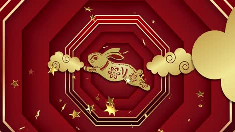 animation of chinese traditional decorations with rabbit and stars on red background